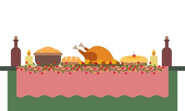 Векторная Иллюстрация Большого Банкетного Стола Напитками Продуктами Питания Праздничный Ужин — стоковый вектор