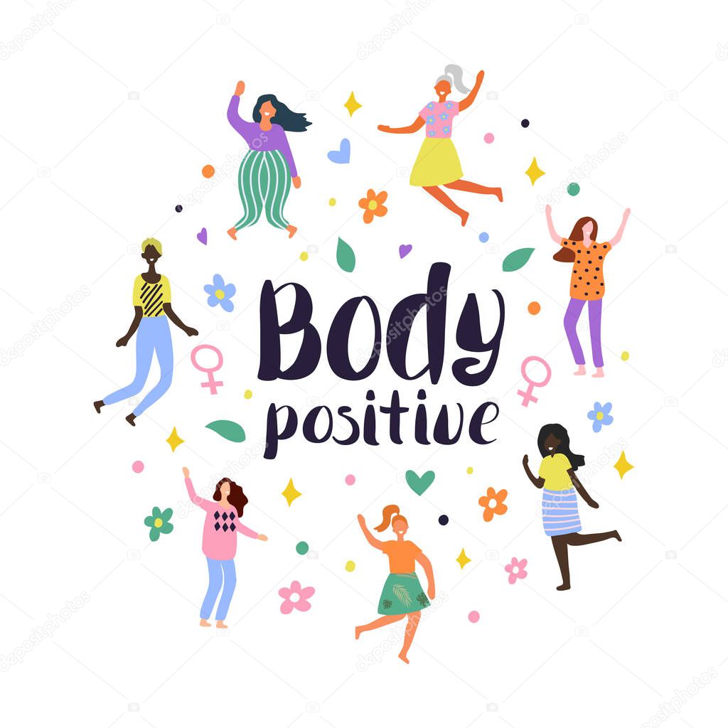 Background with multiracial women of different figure type and size dressed in comfort wear. Female cartoon characters. Body positive movement and beauty diversity. Vector illustration