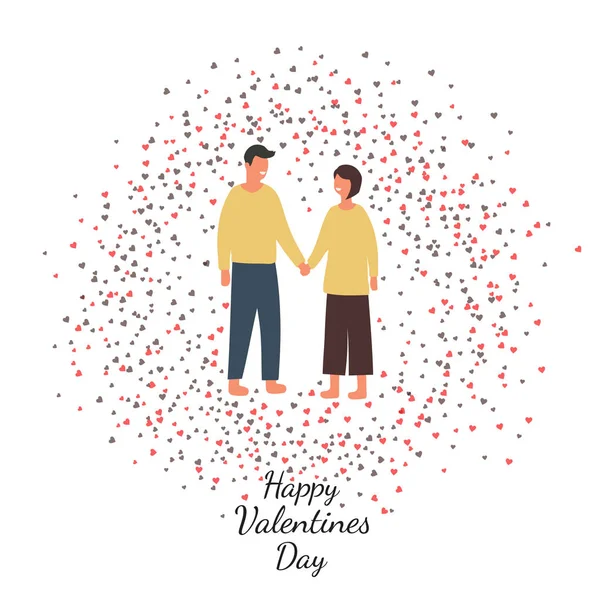 Valentine Day Background Young Loving Couple Many Heart Holding Hands — Stock Vector
