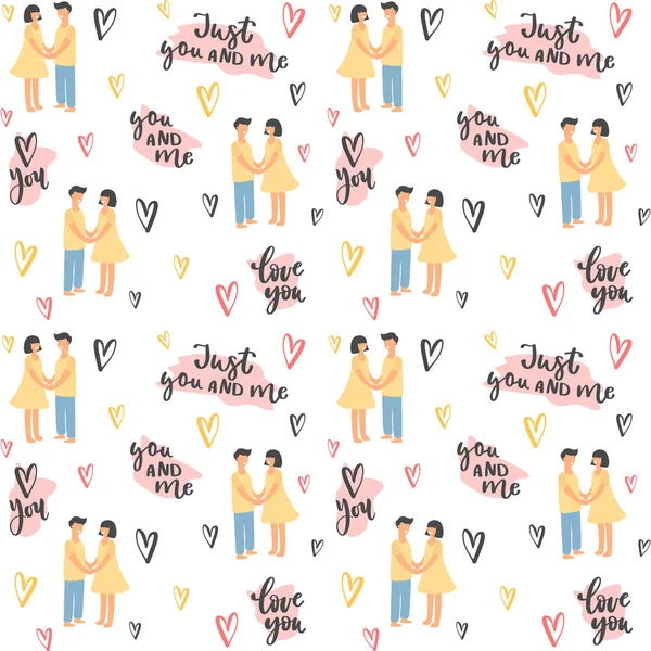 Valentine Day Wedding Colorful Seamless Background Couple Phrases Pattern Web — Stock Vector