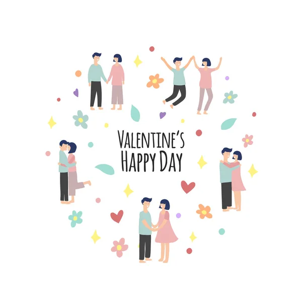 Día San Valentín Fondo Colorido Con Pareja Corazones Flores Hombres — Vector de stock