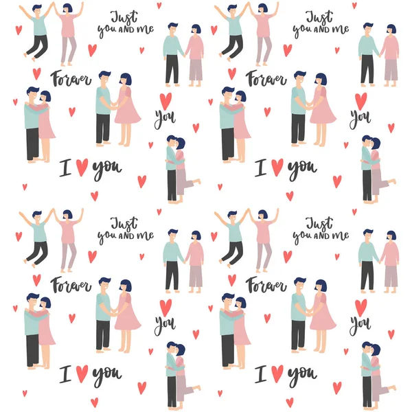 Valentine Day Wedding Colorful Seamless Background Happy Couple Phrases Pattern — Wektor stockowy