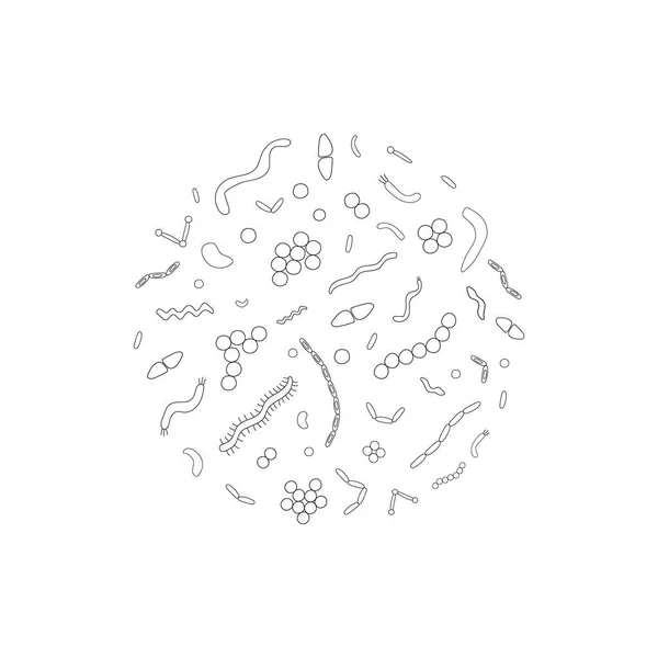白い背景の上のバクテリアのグループの種類 シンプルな黒のアウトラインのバクテリア ベクトル図 — ストックベクタ