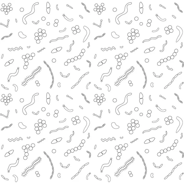 Bezešvé Pozadí Různými Typy Bakterie Bílém Pozadí Jednoduchý Černý Obrys — Stockový vektor