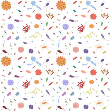Seamless background with different types of bacteria and viruses on white background. Simple colorfull bacterias pattern for your design. Vector illustration clipart
