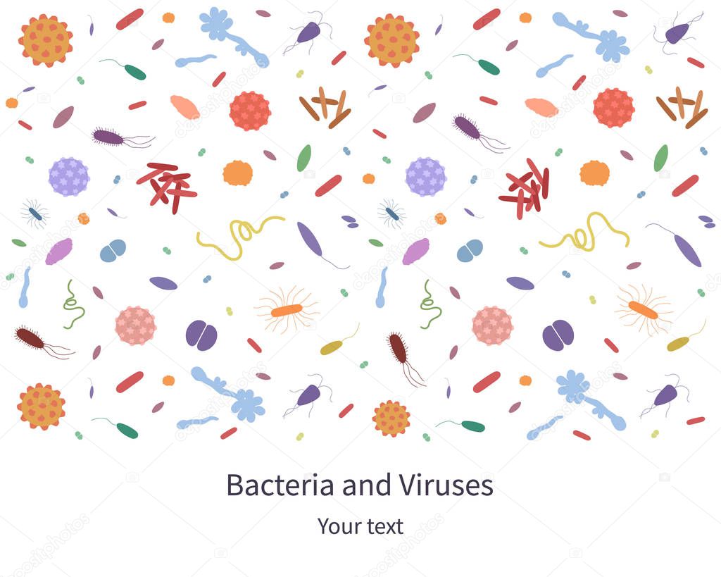 Colorfull banner with different dangerous viruses and bacteria with text. Vector illustration for web design 