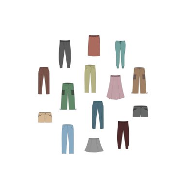 Alt çizgi film tarzı renkli yuvarlak şablonu. İlkbahar ve sonbahar koleksiyonu moda erkek ve kadın giyim. Renk vektör arka plan için yazdırma