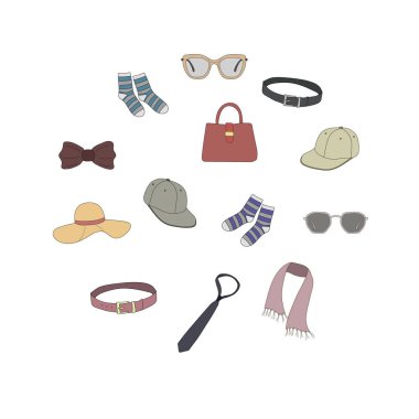 Modern giyim aksesuarları karikatür tarzı renkli şablonu. Bahar ve yaz koleksiyonu moda erkek ve kadın giyim. Renk vektör arka plan 