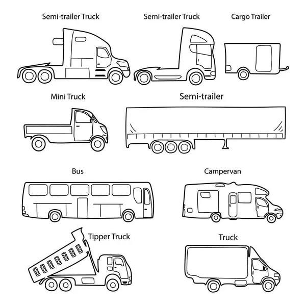 Big Set Trucks Body Types Text Simple Black Outline Car — Stock Vector