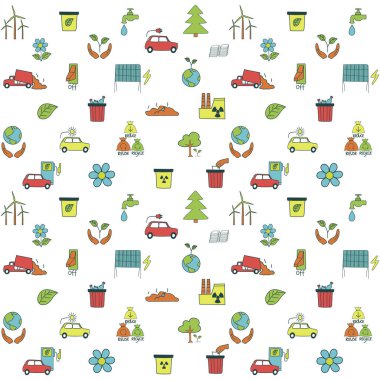 Küresel çevre sorunları kavramı. El ile renkli kesintisiz arka plan ekoloji kirliliği kavramı sembolleri çizilmiş. Modern çerçeve web tasarımı için yuvarlak ve yazdırma