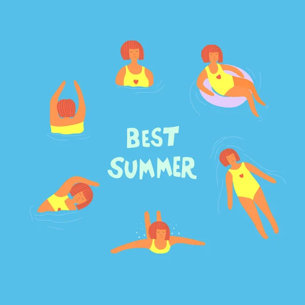 Cute Hand Drawn Background Swimming Girls Text Body Positive Summer — Stock Vector