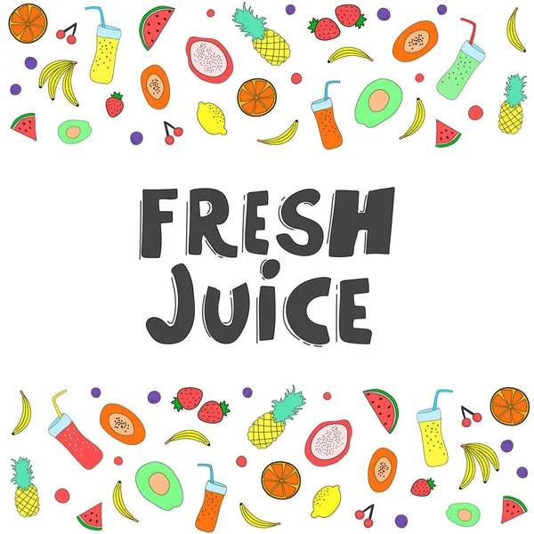手描き新鮮な果物の背景でレタリングします フレッシュ ジュースのフレーズ 健康食品のコンセプトです ベクトル — ストックベクタ