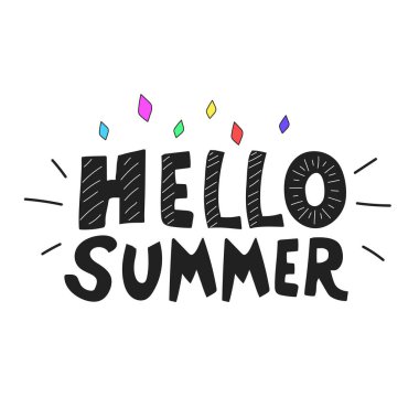 Yaz cümle renkli kristaller ile Merhaba. El yazı çekilmiş. Vektör hat illüstrasyon. Tasarım kartları, tişörtleri, etiketleri, posterler için. 