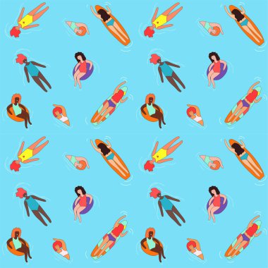 Farklı şekil türü ve boyutu çok ırklı kadınlar yüzme ile arka plan sorunsuz. Kadın karikatür karakterler desen. Vücut olumlu hareketi ve güzellik çeşitlilik. Vektör çizim