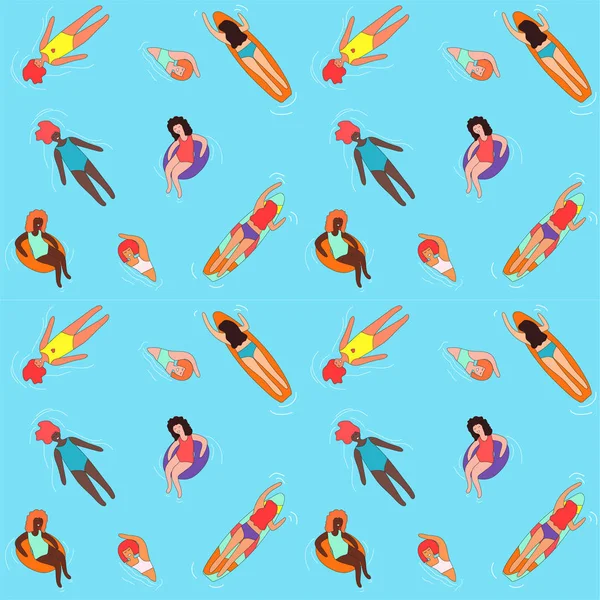 Nahtloser Hintergrund Mit Schwimmenden Multirassischen Frauen Unterschiedlichen Figurentyps Und Unterschiedlicher — Stockvektor
