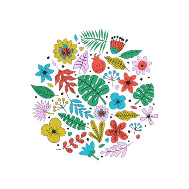 Çiçek ve yaprakları ile baskı için renkli arka plan. El çizilmiş sevimli illüstrasyon. Vektör 
