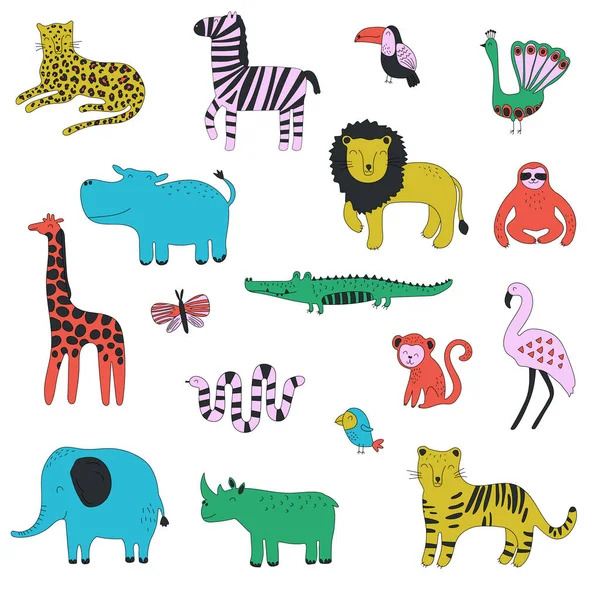 Gran Colección Colorida Dibujada Mano Animales Tropicales Simple Ilustración Linda — Archivo Imágenes Vectoriales