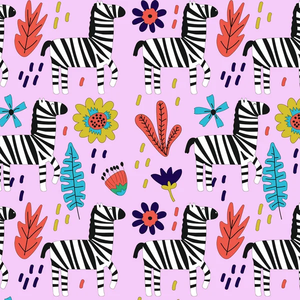 Hand Drawn Seamless Background Zebras Flowers Pattern Cute Design Scandinavian — Stock Vector