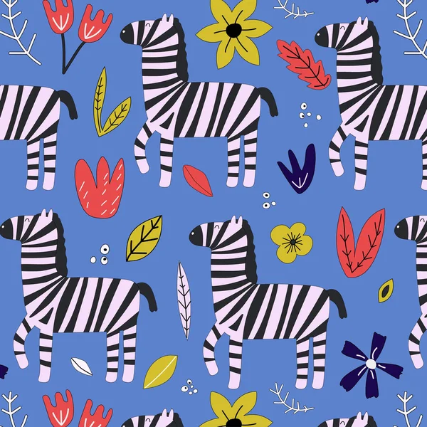 Handgezeichneter Blauer Nahtloser Hintergrund Mit Zebras Und Blumen Muster Mit — Stockvektor