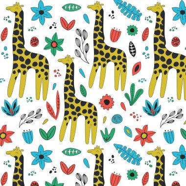 Zürafalar ve çiçekler ile el çizilmiş dikişsiz arka plan. Sevimli tasarımlı desen. İskandinav tarzı tasarım. Vektör çizimi