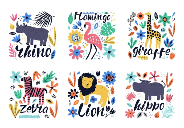 Çiçekler Yaprakları Ile Hayvanların Çizilmiş Renkli Koleksiyonu Hippo Sevimli Tasarımı — Stok Vektör