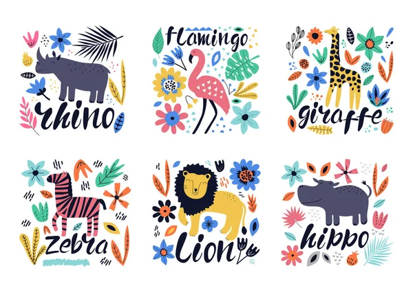 Collection Colorée Dessinée Main Animaux Avec Des Fleurs Des Feuilles — Image vectorielle