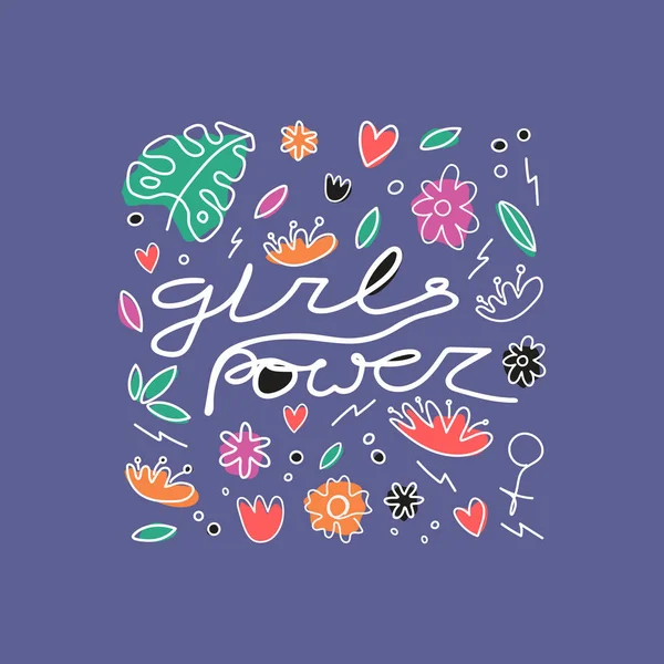 Girls Power Med Women Face Citerar Handritad Shirt Print Kvinnlig — Stock vektor
