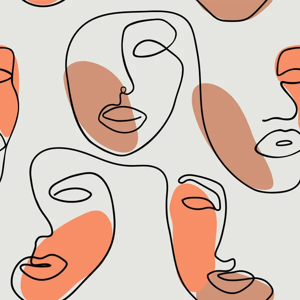 Fondo Sin Costuras Con Caras Mujer Estilo Una Línea Patrón — Vector de stock