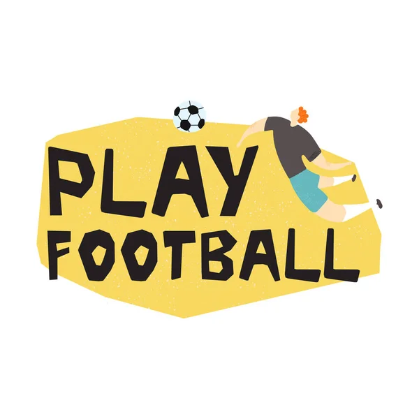 サッカーコンセプト手描きのカラーイラスト スポーツウェアの男性は 現代的な文字 ジャンプサッカー選手とサッカーの手描きのレタリングを再生 — ストックベクタ