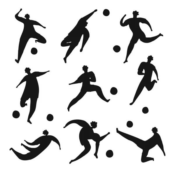 サッカー選手シルエットビッグコレクション サッカー選手の漫画のキャラクターは黒色 ボールを持つサッカー選手のセット — ストックベクタ