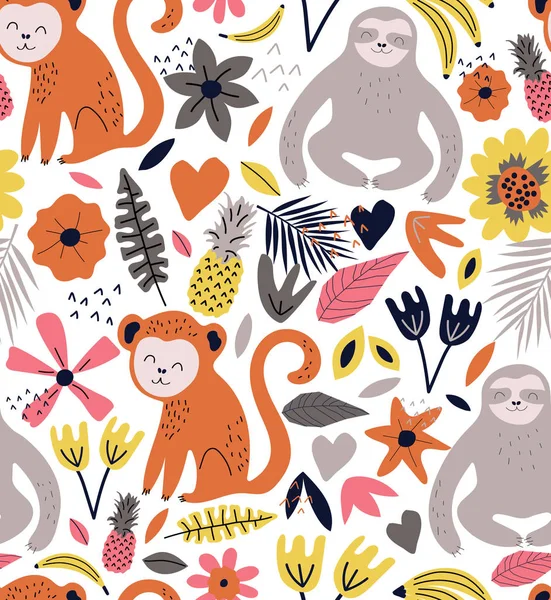手绘无缝背景与猴子 香蕉和鲜花 图案与可爱的设计 斯堪的纳维亚风格设计 矢量插图 — 图库矢量图片