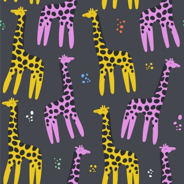 Zürafalar ve kabarcıklar ile el çizilmiş sorunsuz arka plan. Sevimli tasarımlı desen. İskandinav tarzı tasarım. Vektör çizimi