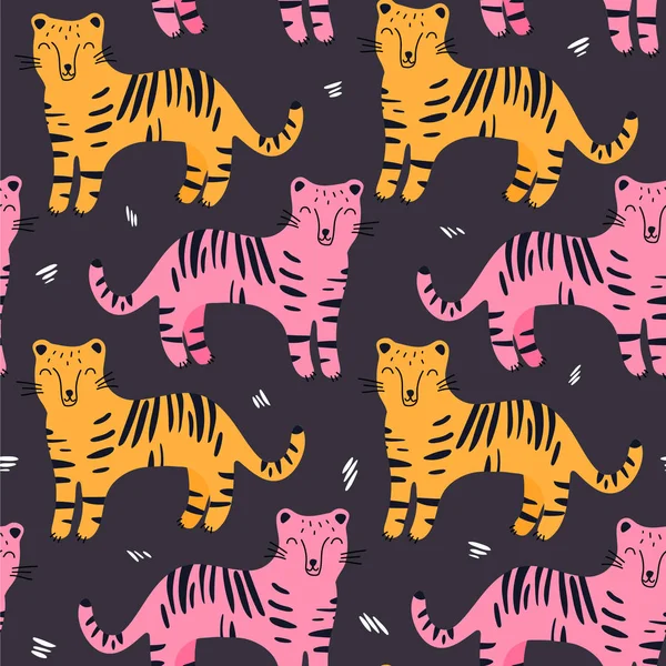 Hand Drawn Seamless Background Tigers Pattern Cute Design Scandinavian Style — Stock Vector