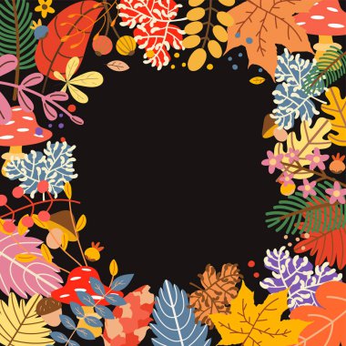 Farklı çiçekler ve yaprakları ile modern el çizilmiş çerçeve. Sonbahar konsepti. Vektör çerçevesi 