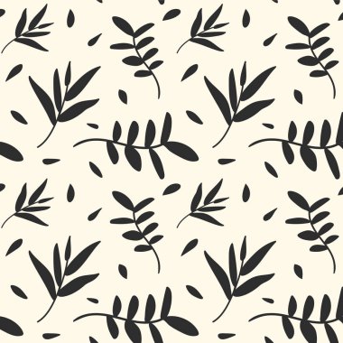 Modern el yaprakları siluet ile sorunsuz desen çizilmiş. Vintage arka plan. Vektör 