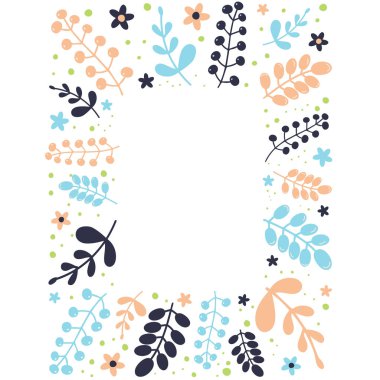 Çiçek metin çerçevesi vektör şablonu. Düz el çizilmiş yaprakları ve çiçek çizimleri ile sınır. Metin için vintage arka plan. Düğün davetiyesi, tebrik kartı, tatil afişi, makale tasarım fikri