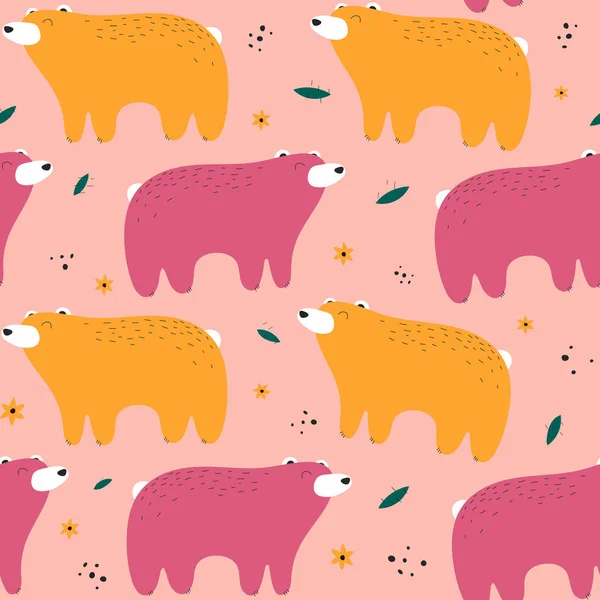 Handgezeichneter Nahtloser Hintergrund Mit Bären Und Blumen Muster Mit Niedlichem — Stockvektor