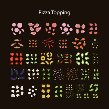 Pizza üreticisi. Her çeşit pizza malzemesiyle kendi pizzanızı yaratın. Pizza, peynir, sebze, sebze, mantar için et ve balık doluyor. Düz vektör tasarımı