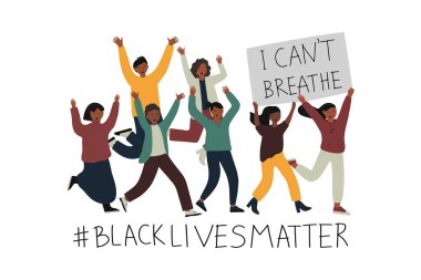 Irkçılık konsepti. Afro-Amerikalı gençlerin, içinde nefes alamadığım mesajlar olan bir afiş taşıdığı bir ilüzyon. Irksal eşitlik için bir gösteri fikri. Düz vektör illüstrasyonu