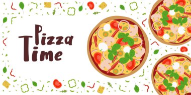 Pizza zamanı afişi ve lezzetli pizza. Lezzetli ev yapımı pizza. Metin için boş alan. Mantarlı pizza, domates, soğan, pastırma, peynir ve fesleğen. Düz vektör tasarımı