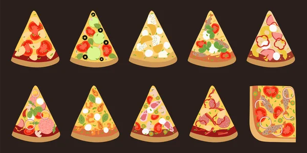 Grande Coleção Diferentes Fatias Pizza Vista Superior Com Ingredientes Pizza —  Vetores de Stock