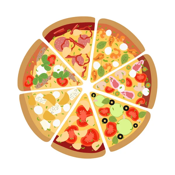Gran Colección Diferentes Rebanadas Pizza Vista Superior Con Ingredientes Pizza — Vector de stock