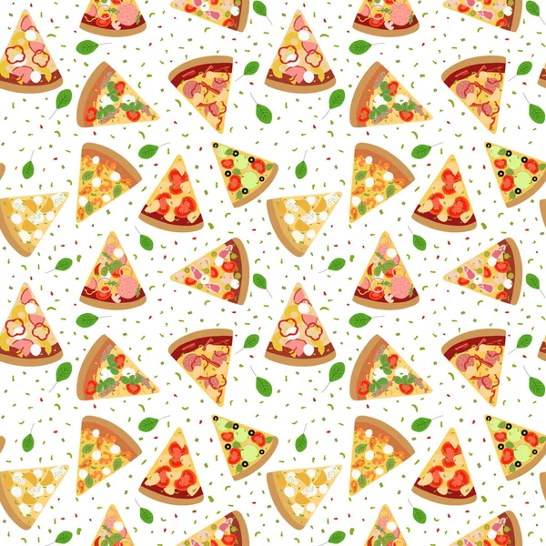 Nahtloses Muster Mit Verschiedenen Scheiben Pizza Draufsicht Mit Zutaten Leckere — Stockvektor