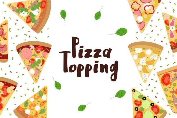 Bokstäver Pizza Toppning Med Olika Typer Pizzabitar Kött Och Fisk — Stock vektor