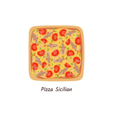 Malzemeli pizza Sicilya manzarası. İtalyan usulü ançüezli, domatesli, soğanlı, zeytinli ve peynirli pizza. Düz stil beyaz arkaplanda izole edildi. Vektör