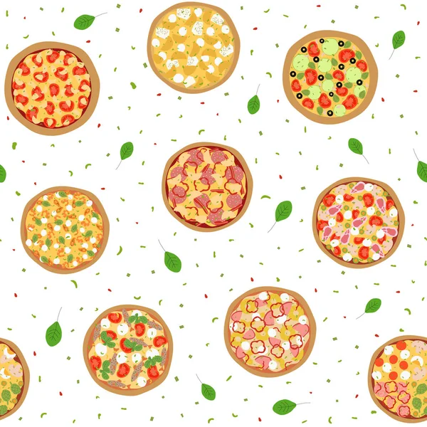 Farklı Tipte Pizza Içerikli Kusursuz Desenler Talyan Lezzetli Pizzası Vejetaryen — Stok Vektör