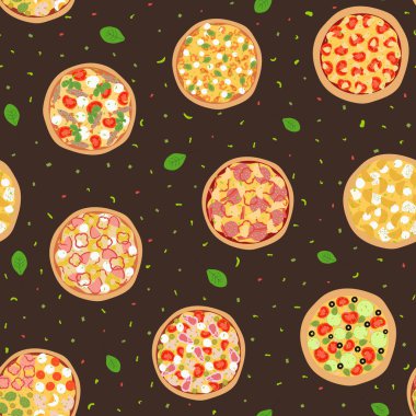 Farklı tipte pizza içerikli kusursuz desenler. İtalyan Lezzetli Pizza: vejetaryen, deniz ürünleri, peynir, mantar, Hawaii ve et sosu, kas arka planında düz stil..