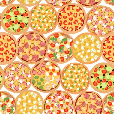 Farklı tipte pizza içerikli kusursuz desenler. İtalyan Lezzetli Pizzası: vejetaryen, deniz ürünleri, peynir, mantar, Hawai yemeği ve beyaz arka planda düz stil et..