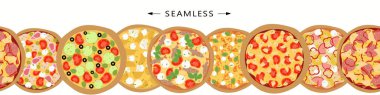 Web sitesi için yatay, pürüzsüz pankart. El ilanları farklı pizza çeşitleri ve mesaj için boş alan içeriyordu. Düz vektör tasarımı