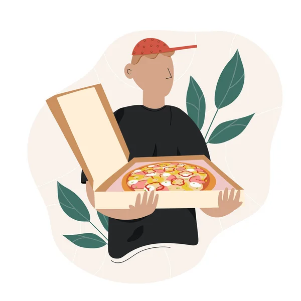 おいしいピザとピザ配達の男 ファーストフードの配達だ 平面ベクトル図 — ストックベクタ
